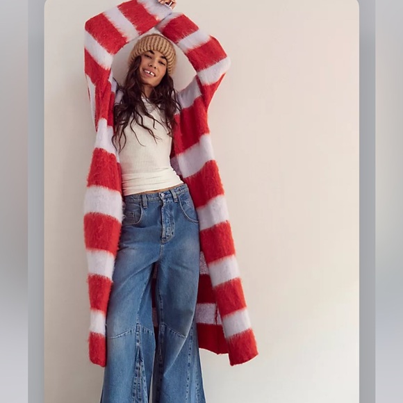 Free People Red and White Striped Cardigan Sweater - Picture 1 of 4